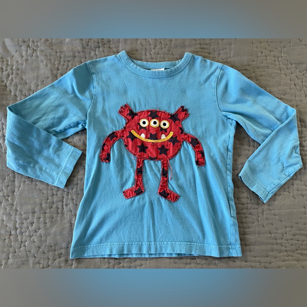 Mini Boden Blue Long Sleeve Shirt Red Monster Appliqué 100% Cotton Size 7/8 Vtg